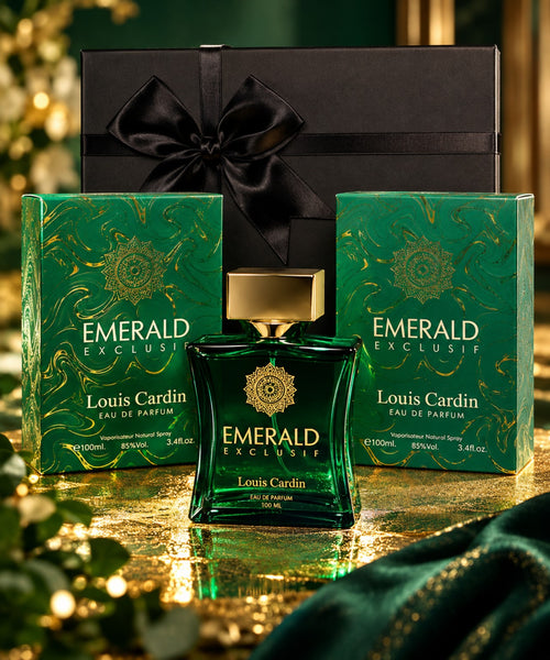 Louis Cardin Emerald Exclusif Green, frasco y cajas