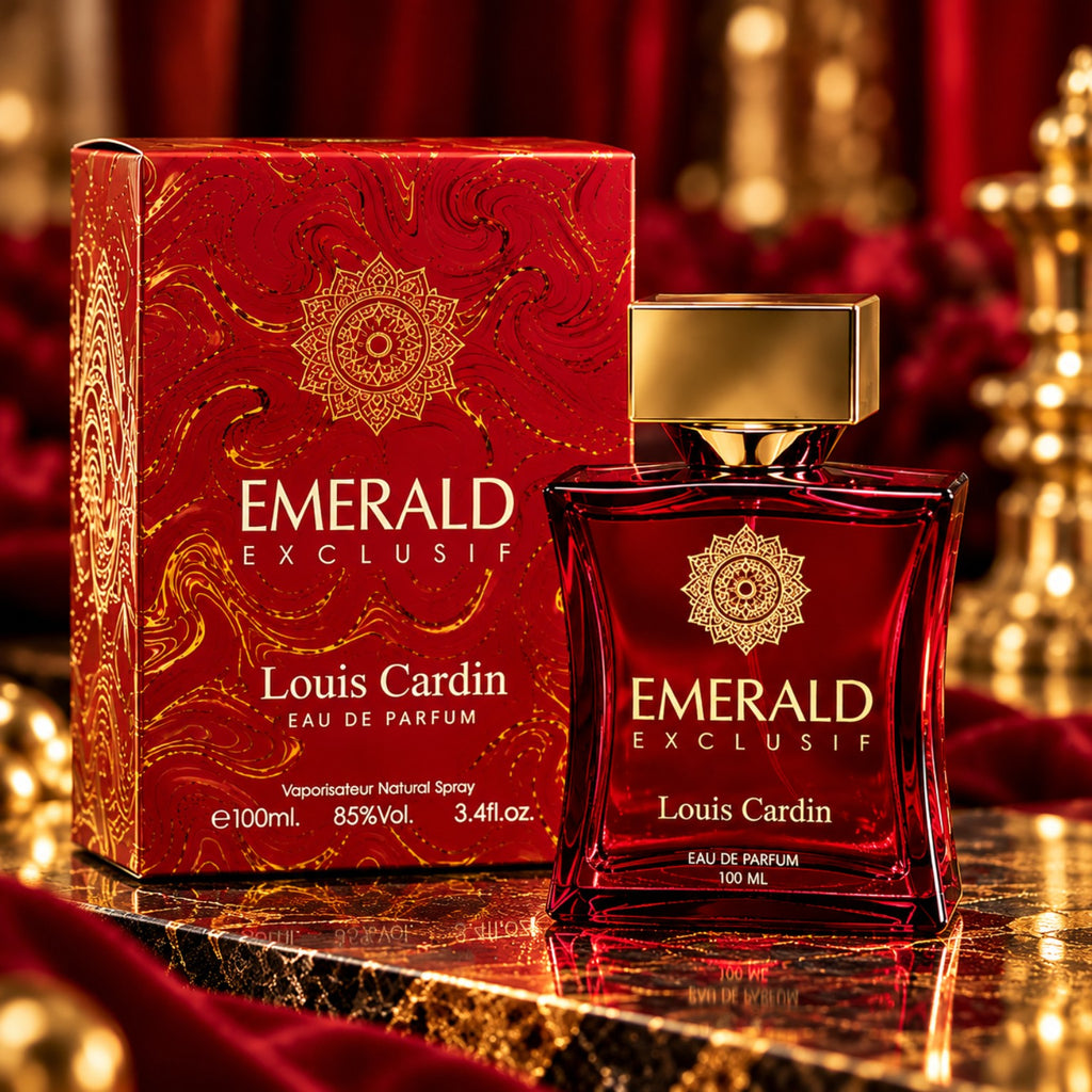 Louis Cardin Emerald Exclusif Red, frasco y caja
